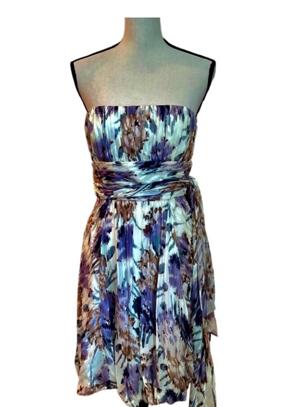 BCBGMaxAzria Silk Strapless Floral Print Dress w/ Bubble Hem